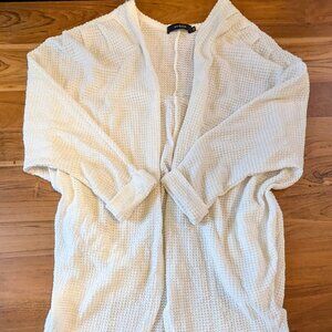 Knee-length waffle knit white cardigan